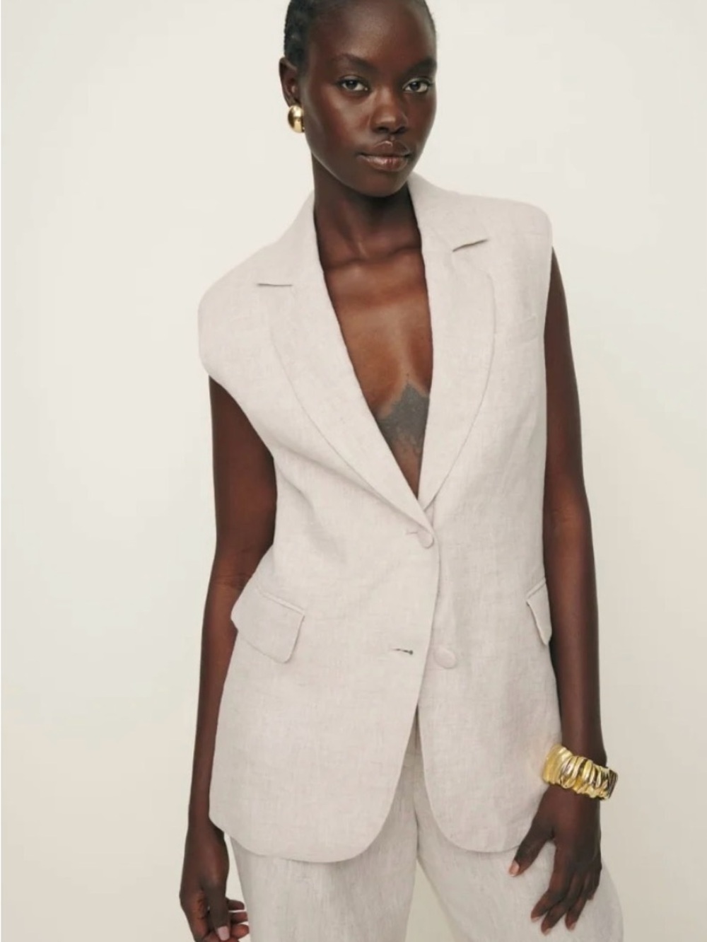 Reformation Sleeveless Linen Blend Blazer Vest in Light Beige